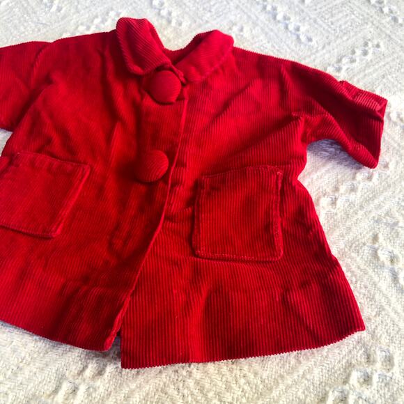 Vintage Handmade Red Corduroy Doll Jacket Snap Front Large Covered Buttons - Picture 1 of 13